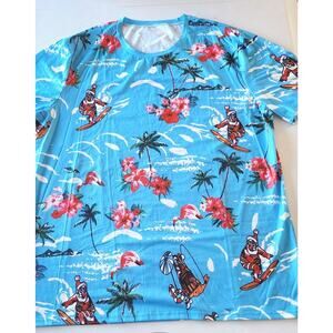 Mens XXL Floral Santa Surfing Christmas Shirt Flamingo Tropical Beach Vacation